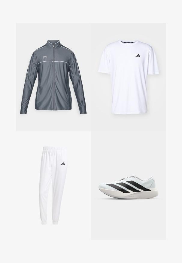 Gray athletic jacket with a zip front, high collar, white accents along the shoulders, and long sleeves. Made from smooth, stretchable material.; White short-sleeve t-shirt made of fabric with a smooth texture. Features a black adidas logo on the left chest and a patterned collar.; White athletic pants made of smooth fabric, featuring an elastic waistband and fitted cuffs, with a black logo on the back pocket.; Lightweight running shoes in pale blue with black stripes. Features a smooth upper, round toe, and thick white midsole labeled "LIGHTSTRIKE PRO."