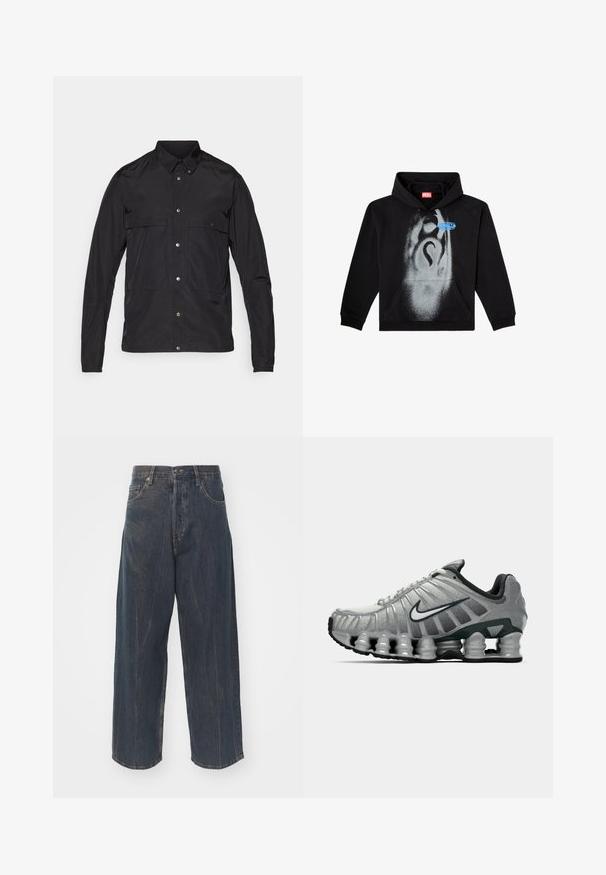 Sort jakke lavet af letvægtsmateriale med knaplukning foran, spids krave og to forlommer. Glat tekstur, minimalistisk design.; Sort hættetrøje lavet af bomuld. Har en frontlomme, snorhuv og et gråt spraymalet design med en blå etikette accent.; Hvid bomulds ærmeløs tanktop med rund halsudskæring, der har en glat tekstur og en tætsiddende pasform, designet til casual brug.; Bredde ben mørkeblå denim jeans med subtilt slidte tekstur, fem lommer og en klassisk knap- og lynlåslukning i taljen.; Grå og sort Nike løbesko med synlig fjederlignende dæmpning under sålen og et hvidt swoosh-logo på siden.