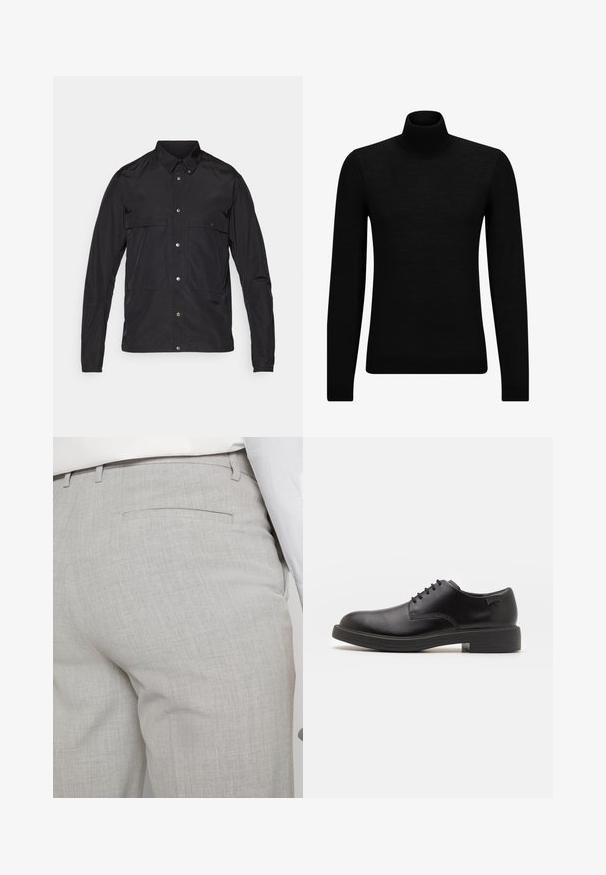Sort jakke lavet af letvægtsmateriale med knaplukning foran, spids krave og to forlommer. Glat tekstur, minimalistisk design.; Sort turtleneck sweater lavet af blødt materiale, med lange ærmer og en tætsiddende pasform. Ribbet trim ved kanten og manchetter. Simpelt design.; Lysegrå skræddersyede bukser lavet af tekstureret stof, med en enkelt baglomme og ren syning.; Sorte læder snørestøvle med rund tå, glat tekstur, minimal syning og lav gummihæl. Logo på hælen.