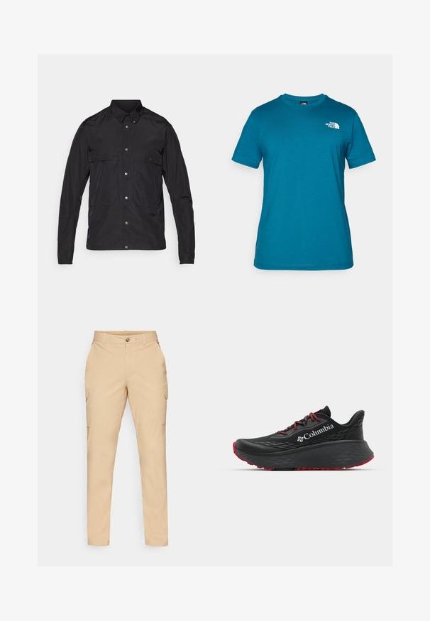 Svart jakke laget av lett materiale med knapplukking foran, spiss krage og to frontlommer. Glatt tekstur, minimalistisk design.; Teal kortermet t-skjorte laget av myk bomull, med en hvit logo trykket på venstre bryst og en klassisk rund hals design.; Beige cargo bukser med knappestolpe, slim fit, sidelommer og et glatt bomullsblandingsstoff. Ingen synlige mønstre eller aksenter.; Svart treningssko med teksturert overdel, røde snører og logo. Tykksåle med mønstrede dekk for bedre veigrep. Minimalistisk design, sidevinkel.