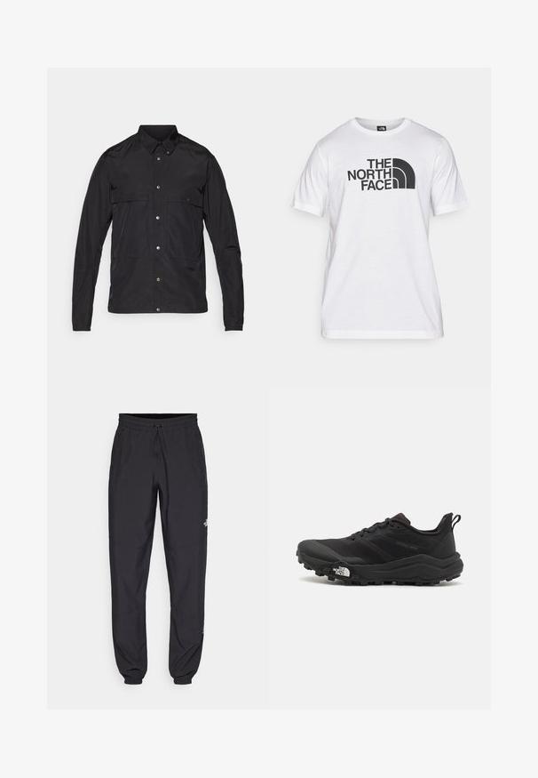 Jachetă neagră din material ușor, cu închidere prin butoni, guler ascuțit și două buzunare frontale. Textură netedă, design minimalist.; Tricou din bumbac alb cu un imprimat grafic negru ce include text și un design al logo-ului curbat. Decolteu rotund și mâneci scurte. Textură simplă.; Pantaloni atletici negri, confecționați dintr-un material ușor, cu un tiv elastic la talie, buzunare laterale și tivuri ajustate la gleznă.; Pantofii de alergare pe teren accidentat, de culoare neagră, cu un superior texturat, talpă din cauciuc și vârf întărit. Prezintă un guler căptușit și o bandă de prindere pentru îmbrăcare ușoară.