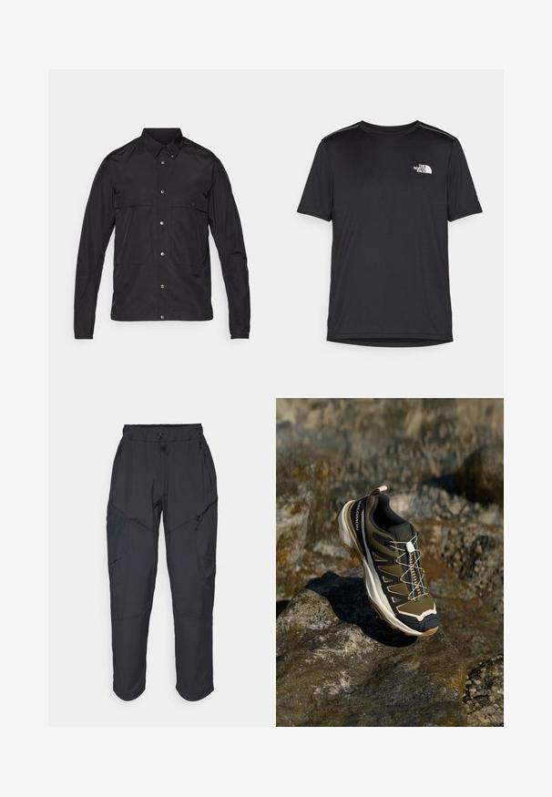 Sort jakke lavet af letvægtsmateriale med knaplukning foran, spids krave og to forlommer. Glat tekstur, minimalistisk design.; Sort t-shirt med korte ærmer lavet af letvægtsstof. Har et lille hvidt logo på venstre bryst og diskrete skuldrelementer.; Sorte cargo bukser lavet af et let, vandafvisende materiale; har elastisk talje, flere lynlåslommer og tætsiddende ben.; Vandrestøvle i olivengrøn og sort med pink accenter. Har en tekstureret overdel, fleksibel sål, forstærket tåhætte og farverigt snøresystem.