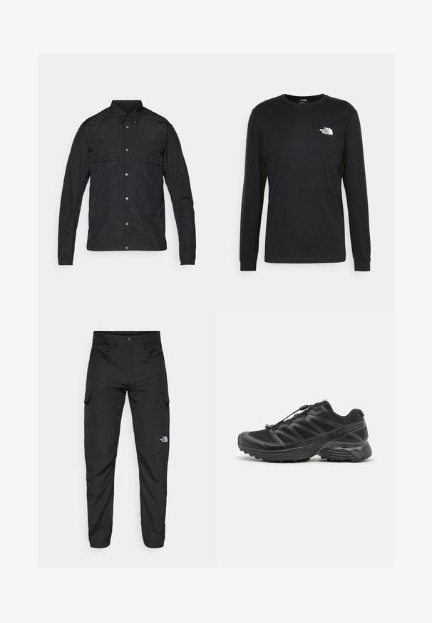 Sort jakke lavet af letvægtsmateriale med knaplukning foran, spids krave og to forlommer. Glat tekstur, minimalistisk design.; Sort langærmet t-shirt lavet af bomuld, med et hvidt logo på venstre bryst og ribbede manchetter. Glat tekstur med rund halsudskæring.; The North Face HORIZON PANT - Outdoorbukser - black; Sort løbesko med mesh og syntetisk overdel, fleksibel sål og elastiske snørebånd. Har en polstret mellemsål for komfort.