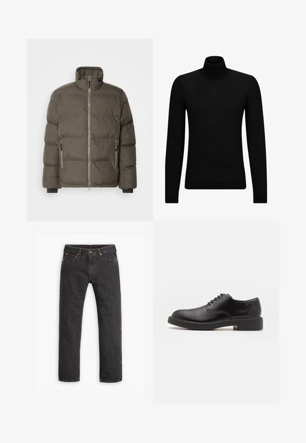 Tamsiai alyvuogių spalvos pūkinė striukė, su aukštu apykakle, priekiniais užtrauktukais ir dviem užtrauktukais uždaromomis šoninėmis kišenėmis. Visame paviršiuje yra siuvinėjimo tekstūra.; Juodas aukšto kaklo megztinis, pagamintas iš minkštos medžiagos, su ilgomis rankovėmis ir prigludusia forma. Su raukiniais apačioje ir rankogaliuose. Paprastas dizainas.; Juodi tiesūs džinsai su penkiais kišenėmis, saga ir vario vinimis, iškloti ant balto fono.; Juodas odinis batų modelis su raišteliais, apvaliu nosiu, lygiu paviršiumi, minimaliai siuvinėjimu ir žemu guminėmis pakulne. Ant pakulnės šalia logo.