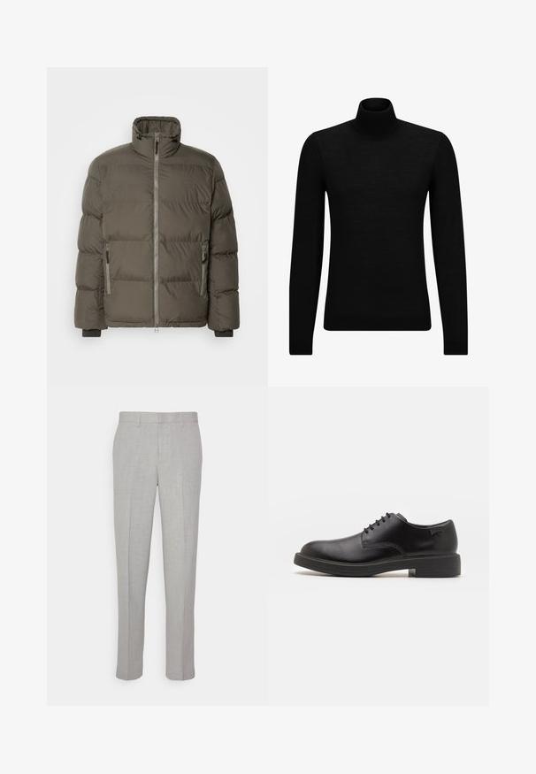 Tamsiai alyvuogių spalvos pūkinė striukė, su aukštu apykakle, priekiniais užtrauktukais ir dviem užtrauktukais uždaromomis šoninėmis kišenėmis. Visame paviršiuje yra siuvinėjimo tekstūra.; Juodas aukšto kaklo megztinis, pagamintas iš minkštos medžiagos, su ilgomis rankovėmis ir prigludusia forma. Su raukiniais apačioje ir rankogaliuose. Paprastas dizainas.; Šviesiai pilki kelnės su lygiu paviršiumi, plokščiu priekiu ir tiesiomis kojomis. Pagamintos iš kvėpuojančios medžiagos, su vidinėmis kišenėmis ir diržo kilpomis.; Juodas odinis batų modelis su raišteliais, apvaliu nosiu, lygiu paviršiumi, minimaliai siuvinėjimu ir žemu guminėmis pakulne. Ant pakulnės šalia logo.