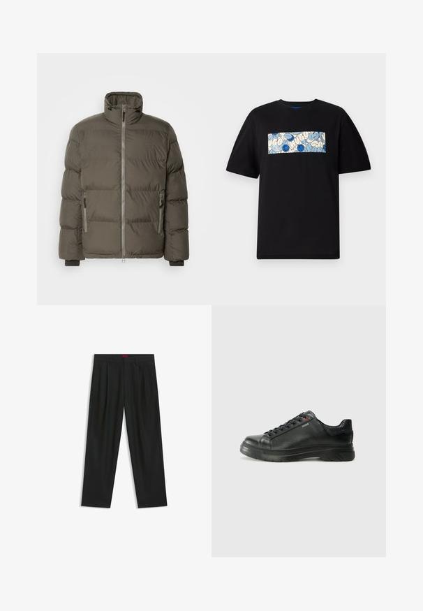 Dunjakke i mørke olivengrøn, med høj krave, frontlynlås og to sidelommer med lynlåslukninger. Vatteret tekstur hele vejen igennem.; Sort bomulds t-shirt med en rektangulær grafik i blå og creme med cirkulære mønstre og doodles, designet til en afslappet pasform.; Sorte bukser med plisseret design, bred benform og en glat tekstur. Har et rødt taljetag.; Sorte lædersneakers med tekstureret overdel, polstret krave og rødt logo-detajle. Har en tyk gummisål med tydeligt mønster.