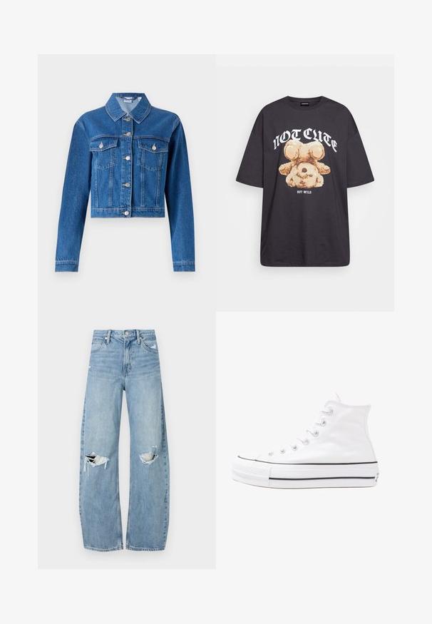 Kék farmerdzseki, cropped fazonban, gombos elülső résszel, két mellzsebbel és ezüst színű hardware részletekkel. Sima textúra.; Fekete, oversized póló, rajta egy medvével és a "NEM CUKI, HANEM FÉKTELEN" felirattal vastag, fehér betűkkel. Pamut anyag.; Világoskék, magas derekú farmernadrág. Széles lábakkal, két szakadt térddel és klasszikus öt zsebes dizájnnal rendelkezik.; Fehér magaskorsó vászon sportcipő fekete gumi talppal, elülső gumi orrnyereggel és hat fűzőlyukkal, letisztult, minimalista dizájnnal.