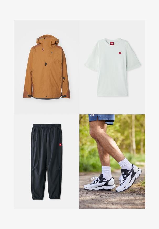 Klättermusen BRAGE JACKET - Skijakke - mustard; Lysegrøn kortærmet t-shirt lavet af blød bomuld, med et lille rødt logo på venstre brystområde. Løs pasform og rund halsudskæring.; Sorte letvægtsbukser lavet af syntetisk materiale, med elastisk talje, lynlåslommer på siden og et lille rødt logo-patch.; Sorte og hvide sportsko med mesh-overdel, teksturerede accenter og hvide snørebånd. Båret med hvide ankelstrømper og marineblå shorts på en sti.