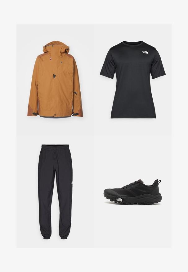 Klättermusen BRAGE JACKET - Skijakke - mustard; Sort kortærmet t-shirt lavet af letvægts, fugttransporterende materiale. Har et hvidt logo på venstre bryst og en rund halsudskæring.; Sorte atletiske bukser lavet af letvægtsstof, med en snor i taljen, sidelommer og tapered manchetter ved anklerne.; Sort trail løbesko med en struktureret overdel, gummisål og forstærket tåhætte. Har en polstret krave og en pull-tab til nem påtagning.