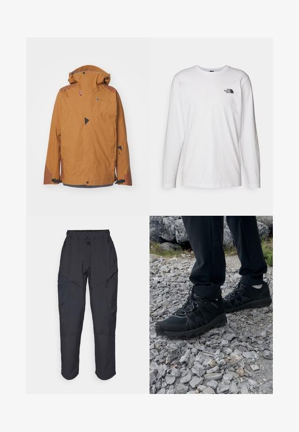 Klättermusen BRAGE JACKET - Skijakke - mustard; Hvid langærmet T-shirt lavet af bomuld med rund hals. Har et lille sort logo på brystet. Glat tekstur, almindelig pasform.; Sorte cargo bukser lavet af et let, vandafvisende materiale; har elastisk talje, flere lynlåslommer og tætsiddende ben.; Sorte udendørssko med mesh og syntetisk materiale, med en tekstureret overdel, sikre snørebånd og en robust ydersål, på klippelandskab.