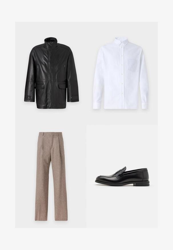 Juodas odinis švarkas su aukštu apykakle, užtrauktuku užsegamu krūtiniu bei dviem priekiniais kišenėmis su užlenkimu. Pasižymi lygiu paviršiumi ir tiesiu kirpimu.; Balta ilga rankovė mygtukų marškiniai, pagaminti iš medvilnės, su krūtine kišene ir toniniu siuvinėjimu, apykakle ir mygtukų apvadu.; Rudos, aukšto liemens kelnes, pagamintas iš tekstūruotos medžiagos. Plati kojos, dvi priekinės klostės struktūrai. Tvarkingas apdailos darbai, be matomų detalių.; Juodos odinės loafers, turinčios lygų paviršių, apvalią noselę ir dekoratyvinę juostą per priekinę dalį. Žemas krentantis kulnas, minimalistinis dizainas.