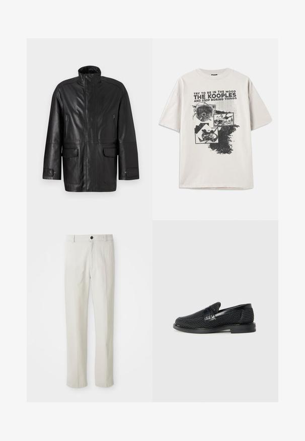 Svart läderjacka med hög krage, dragkedjeförsedd bröstficka och två framfickor med lock. Har en slät yta och rak skärning.; Kortärmad krämfärgad t-shirt med en stor svart grafisk tryck med text och bilder, rund halsringning och en avslappnad passform. Ojevd kantdetalj.; Beiga raka byxor med bälteshällor, framknäppning och dragkedja, uppvisade platt på en vit bakgrund.; Svart vävd slip-on sko med en slät läderdetalj på ovansidan, med rund tådesign och en låg gummisula.