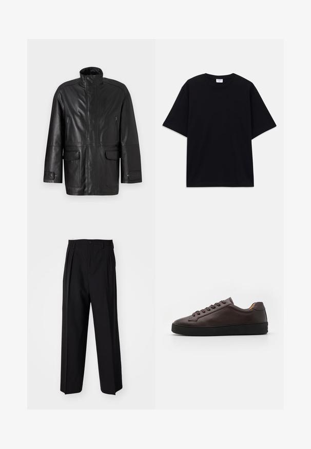 Svart läderjacka med hög krage, dragkedjeförsedd bröstficka och två framfickor med lock. Har en slät yta och rak skärning.; Svart kortärmad oversized T-shirt med rund halsringning och synlig Filippa K-märkesetikett inuti kragen.; Svarta plisserade byxor med en rak, bred bendesign. Tillverkade av ett slätt tyg, med knäppning fram och bälteshällor.; Bruna lädersneakers med en slät yta, rund tå och svart gummisula. Har ton-i-ton snören och minimalistiska designdetaljer.