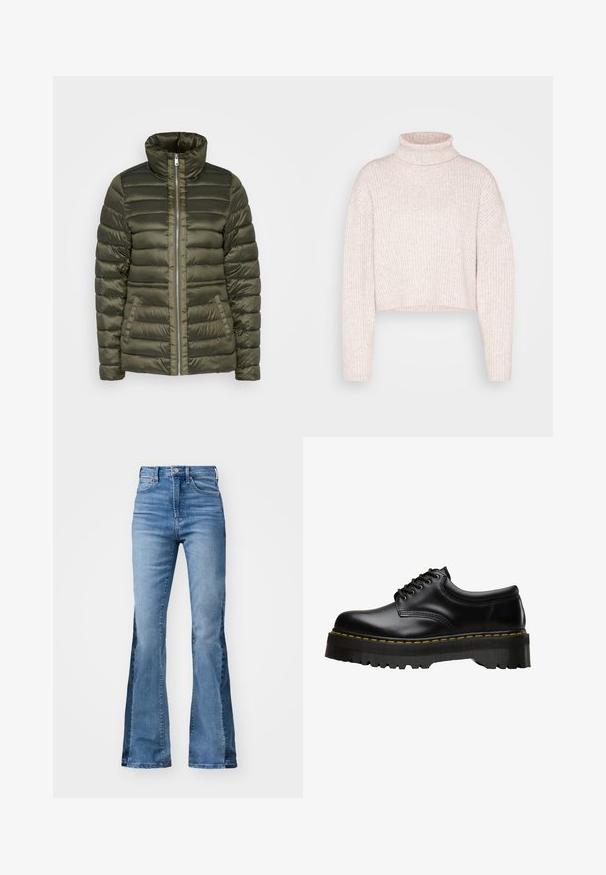 Veste matelassée vert olive avec un design à côtes horizontales, col montant, fermeture éclair centrale et deux poches avant. Texture de tissu lisse et brillante.; Pull à col roulé côtelé rose clair, longueur cropped, avec des manches longues et une texture douce. Design minimaliste sans quincaillerie visible.; Gap Tall 70S - Jean flare - medium indigo; Chaussure noire en cuir à lacets avec une semelle en caoutchouc noire épaisse et dentelée, ornée de surpiqûres jaunes le long du bord, présentant une finition lisse.