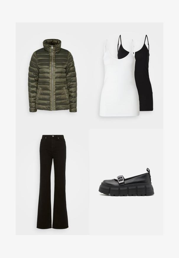 Olivinė pūkinė striukė su horizontaliai susiūta struktūra, aukšta apykakle, centrinė užtrauktuku užsegama, ir dviem priekinėmis kišenėmis. Lygi, blizgi medžiaga.; Du moteriški marškiniai be rankovių: vieni balti, kiti juodi, pagaminti iš minkštos medžiagos, su plonomis petnešėlėmis ir giliu V formos iškirpimu.; Juodos džinsinės kelnės su aukštu liemeniu, platėjančios, turinčios mygtuko užsegimą, šonines kišenes ir lygų paviršių.; Juodi platforminiai loafersai su apvalia nosimi, lygiu oda viršumi, reguliuojamu sagtimi ir tekstūruotu guminiu padu, turinčiu horizontalias briaunas.