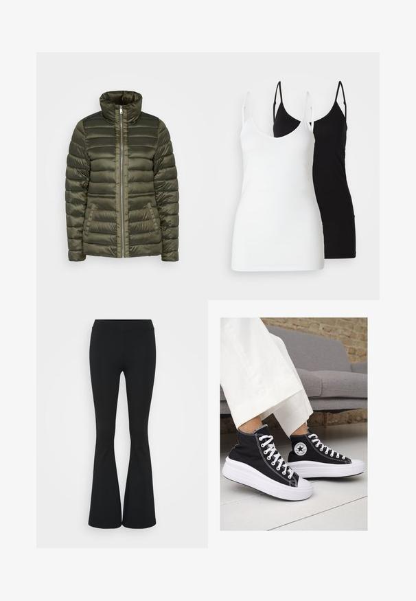 Oliwkowa kurtka puchowa z poziomym pikowaniem, wysokim kołnierzem, centralnym zamkiem i dwiema przednimi kieszeniami. Gładka, błyszcząca tekstura materiału.; Dwa damskie topy na ramiączkach: jeden biały, a drugi czarny, wykonane z miękkiego materiału, z cienkimi ramiączkami i głębokim dekoltem w kształcie V.; Czarne spódnice dzwonowe wykonane z elastycznego materiału, z wysokim stanem i gładką fakturą. Spodnie rozszerzają się od kolana.; Czarne trampki typu high-top z białą gumową podeszwą i sznurowadłami. Posiadają okrągłe logo z boku oraz kontrastujące białe szwy.