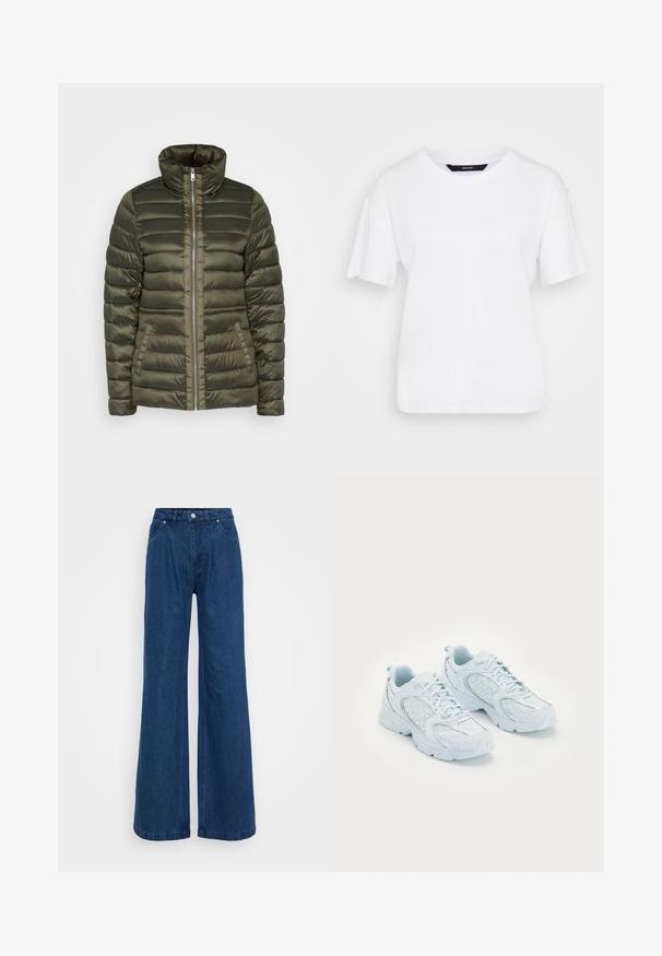Oliwkowa kurtka puchowa z poziomym pikowaniem, wysokim kołnierzem, centralnym zamkiem i dwiema przednimi kieszeniami. Gładka, błyszcząca tekstura materiału.; Biała koszulka z krótkim rękawem wykonana z bawełny. Posiada okrągły dekolt i luźny krój, z prostym wzorem i bez widocznych wzorów czy akcentów.; Niebieskie dżinsy o szerokich nogawkach z wysokim stanem, z przodu na guzik i zamek błyskawiczny, oraz kieszeniami z przodu i z tyłu na jednolitym tle.; Jasnoniebieskie buty sportowe z siateczkową i syntetyczną cholewką, ozdobione białymi kropkami i odblaskowymi akcentami, z zapięciem na sznurowadła oraz amortyzującą podeszwą.