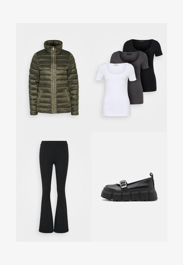 Olivza zaļa puffa jaka ar horizontālu quiltēšanu, augstu apkakli, centrālu rāvējslēdzēju un divām priekšējām kabatām. Gluda, spīdīga auduma tekstūra.; Trīs pieguļoši T-krekli baltā, pelēkā un melnā krāsā. Katram ir plaša izgriezuma kakla un īsas piedurknes. Izgatavoti no gluda, elastīga auduma.; Melnas izplešanās bikses, izgatavotas no elastīga auduma, ar augstu vidukli un gludu tekstūru. Bikses izvēršas no ceļa.; Melni platforma loafers ar noapaļotu purngalu, gludu ādas virsu, regulējamu sprādzi un teksturētu gumijas zoli ar horizontālām ribām.