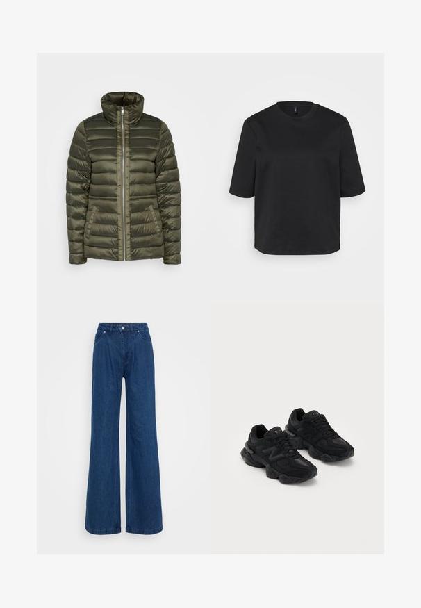 Olivovo zelená zateplená bunda s vodorovnými prešívaniami, vysokým golierom, centrálnym zipsom a dvoma prednými vreckami. Hladká, lesklá textúra tkaniny.; Čierny tričko s okrúhlym výstrihom vyrobené z bavlny, s krátkymi rukávmi a voľným strihom. Hladká textúra bez viditeľných vzorov alebo akcentov.; Široké modré denimové džínsy s vysokým pásom, predným zapínaním na gombík a zips a prednými a zadnými vreckami na jednofarebnom pozadí.; Čierne športové topánky s textúrovaným zvrškom, s výrazným logom "N", polstrovanou podrážkou a elegantným, moderným siluetom.