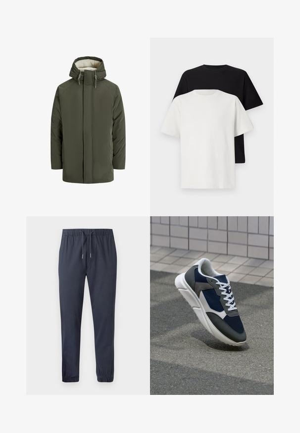 Ελαιόχρωμο παλτό με γέμισμα και κουκούλα, διαθέτοντας επένδυση από ψεύτικη γούνα, εμπρός φερμουάρ και λεπτομέρειες με κορδόνια. Απλός, ορθογώνιος σχεδιασμός.; Σετ βαμβακερών μπλούζων με σκούρο μπλουζάκι και λευκό μπλουζάκι, και τα δύο με κοντά μανίκια, στρογγυλή λαιμόκοψη και κανονική εφαρμογή. Υφασμάτινη υφή.; Ναυτικές tapered jogger παντελόνες με ελαστική μέση, κορδόνι και ελαστικούς αστραγάλους, κατασκευασμένες από μαλακό, ελαφρύ ύφασμα.; Αθλητικά παπούτσια με επάνω μέρος από ναυτικό μπλε διχτυωτό ύφασμα, γκρι σουέτ λεπτομέρειες, λευκή καουτσούκ σόλα και επίπεδα λευκά κορδόνια, σχεδιασμένα για άνεση και αερισμό.