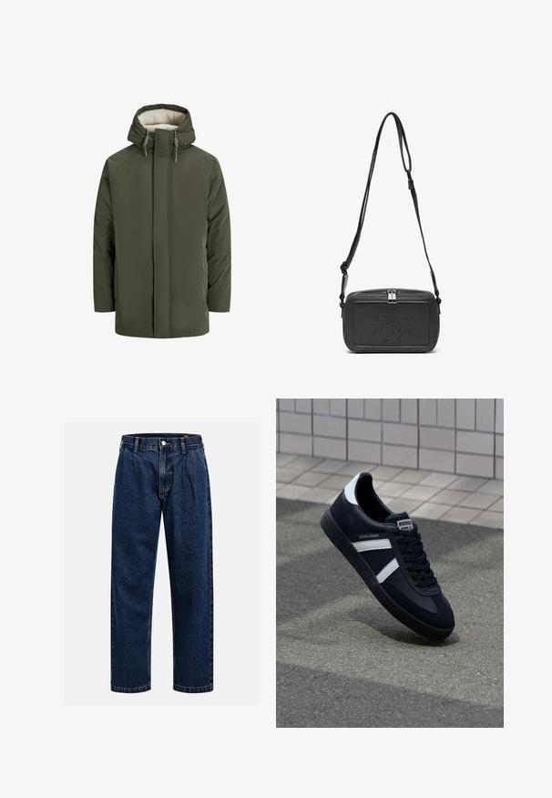 Olive spalvos paminkštintas džemperis su kapišonu, su dirbtinės avikailio pamušalu, priekiniais užtrauktukais ir raištelių akcentais. Paprastas, stačiakampis dizainas.; Kreminės spalvos medvilninė marškinė su trumptomis Rankovėmis ir apvaliu iškirpimu. Su grafiniu spausdinimu mėlynos ir raudonos spalvos su tekstu ir motyvu.; Tamsiai mėlynos džinsinės kelnės su tiesiu sijonu. Savybė - matoma siūlė, mygtuko uždarymas ir priekinei daliai raukiniai, suteikiantys papildomą detales.; Juodas odinis sportinis batelis su baltais dryžiais, tekstūruota gumine padais ir raišteliais priekyje. Yra prekės ženklą žymintis etiketė ant liežuvio.; Juodas odinis per petį nešiojamas krepšys su užtrauktuku, iškilniu logotipu priekyje ir reguliuojama dirželiu. Lygus paviršius, stačiakampio formos.