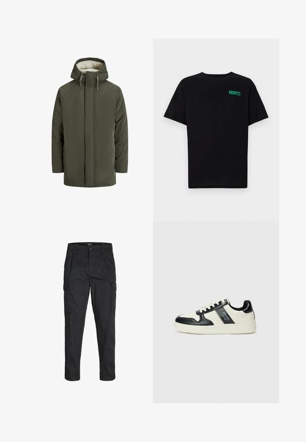 Olíva zöld párnázott dzseki kapucnival, műszőrme béléssel, elől cipzárral és húzózsinóros részletekkel. Egyszerű, téglatest alakú kialakítás.; Fekete, pamutból készült póló rövid ujjakkal. Elöl zöld "ROOTS" logóval, kerek nyakkivágással és normál szabással.; Fekete cargo nadrág, amely tartós anyagból készült, több zsebet tartalmaz, gombos záródással rendelkezik, és karcsú szabású, szűkített lábakkal bír.; Fekete és krém színű bőrsneaker, perforált díszítésekkel, párnázott bokapánttal és texturált talppal.