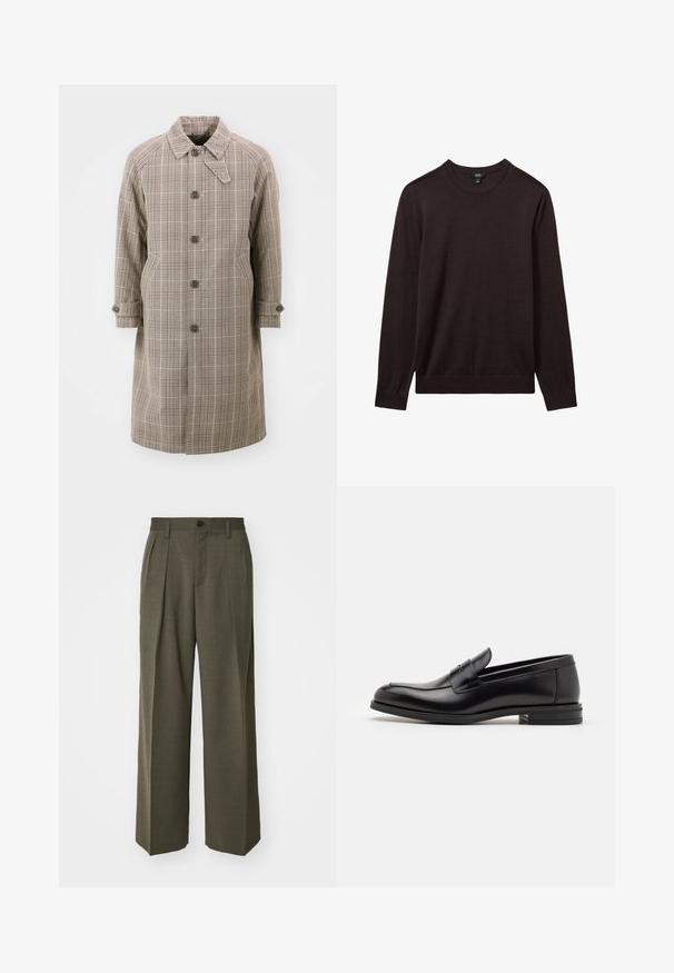 Manteau trench à carreaux beige avec un col, des manches raglan, cinq boutons à l'avant et deux poches latérales. Il présente des poignets boutonnés et un design longueur genou.; Reiss Pullover - dark bordeaux; Filippa K WIDE TROUSERS - Pantalon classique - driftwood; Mocassins en cuir noir avec une texture lisse, bout rond et une sangle décorative sur le dessus. Talon bas empilé, design minimaliste.