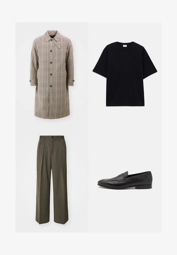 Gabardina de cuadros beige con cuello, mangas raglán, cinco botones frontales y dos bolsillos laterales. Presenta puños abotonados y un diseño hasta la rodilla.; Camiseta oversized de manga corta en negro con escote redondo y etiqueta de la marca Filippa K visible en el interior del cuello.; Filippa K WIDE TROUSERS - Pantalones - driftwood; Mocasín negro de cuero para hombres con un tacón bajo y un diseño clásico de cinta para monedas, mostrado en perfil lateral sobre un fondo blanco.