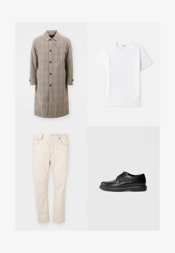 Beige karierter Trenchcoat mit einem Kragen, Raglanärmeln, fünf vorderen Knöpfen und zwei seitlichen Taschen. Mit geknöpften Manschetten und einem knielangen Design.; Weißes Baumwoll-T-Shirt, Rundhalsausschnitt, kurze Ärmel, glatte Textur, keine Muster oder Akzente, einfaches Design, normale Passform.; Beige Denim-Jeans mit geradem Bein, ausgestattet mit fünf Taschen, kontrastierenden Nähten und einem Knopfverschluss am Bund.; Schwarze Leder Schnür-Oxford-Schuhe mit dicker Sohle und "WATERMAN"-Prägung an der Seite, im Profil auf hellem grauen Hintergrund gezeigt.