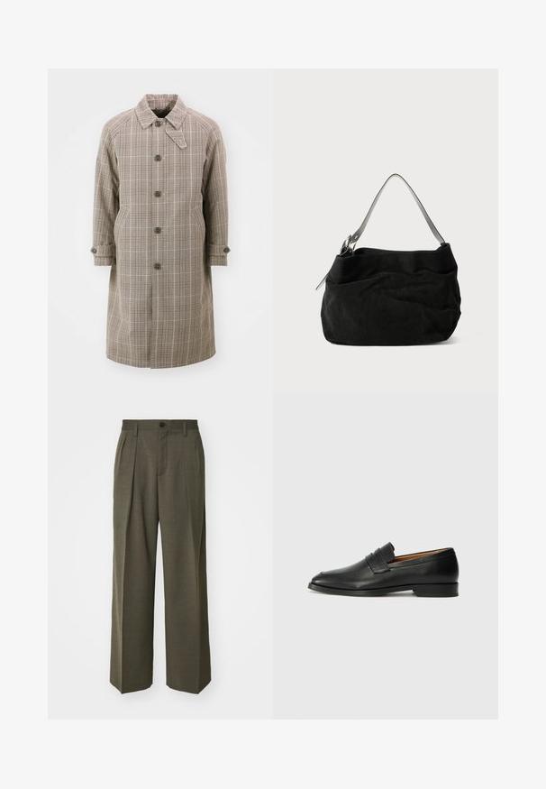 Beige karierter Trenchcoat mit einem Kragen, Raglanärmeln, fünf vorderen Knöpfen und zwei seitlichen Taschen. Mit geknöpften Manschetten und einem knielangen Design.; Schwarzes Langarm-T-Shirt aus Baumwolle mit Rundhalsausschnitt und einem schlichten Design ohne sichtbare Muster oder Verzierungen.; Filippa K WIDE TROUSERS - Stoffhose - driftwood; Schwarze Leder-Slipper mit runder Zehenform, dezenten gestickten Details und niedrigem Absatz, ausgestattet mit glatter Textur und minimalistischem Design.; Schwarze Wildledertasche mit einem weichen, lässigen Design. Verfügt über einen dünnen, glatten Leder-Schulterriemen und dezente Nähte.