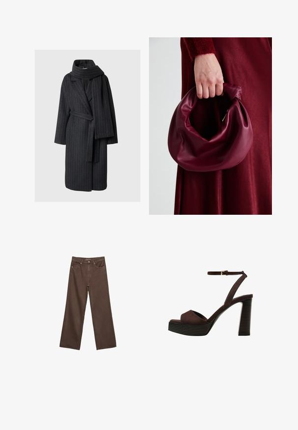 Plašč iz volnene mešanice temno sive barve s črtami, vključuje zarezan ovratnik, dolge rokave in usklajeno šal. Pas je obkrožen z izlivenim pasom, dolžina do kolen.; Temno rjav pleten pulover s krožnim izrezom, spuščenimi rameni, rebrastimi manšetami in robom, ki se ponaša z mehko teksturo in sproščenim krojem.; Široke rjave kavbojke iz denima, ki imajo visok pas, sprednje žepe in klasično zapiranje na gumb. Gladka tekstura s subtilnim šivom.; Rjave semiš sandale z visoko peto, odprto spredaj, z nastavljivim gležnjenjem in črtastim podplatom.; Bordo usnjeni ročni torbici s mehak, nabrana zasnova in okrogla oblika. Ročaj je varen in prikazuje gladko teksturo.