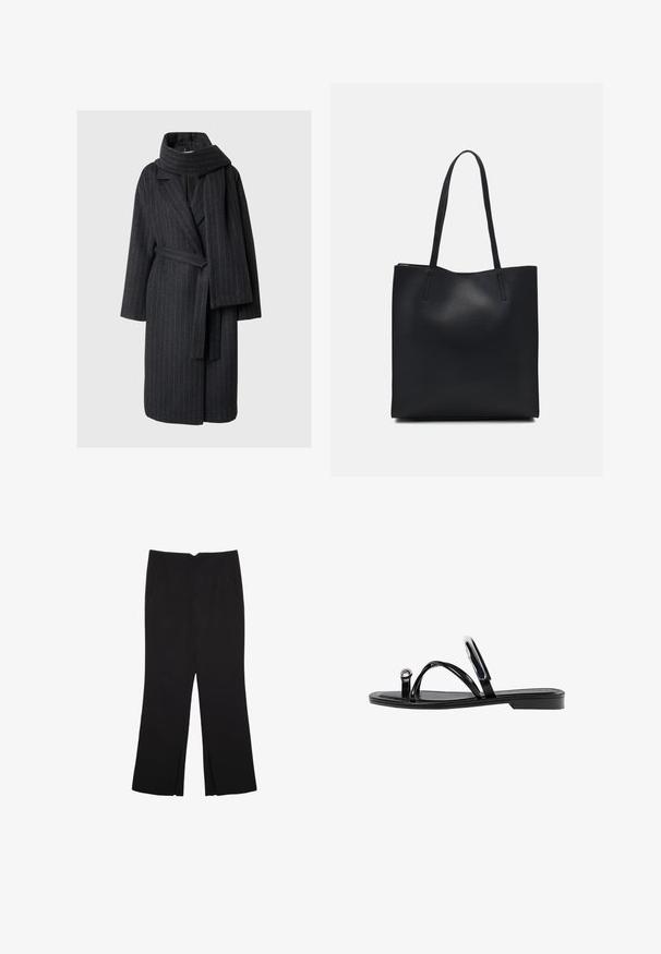 Kaput s mješavinom vune u tamno sivoj boji s prugicama, sa ovratnikom u obliku slova "V", dugim rukavima i usklađenim šalom. S pojasom oko struka, dizajn do koljena.; Crni dugi rukav uski crop top s okruglim izrezom, jednostavnog dizajna i blago zakrivljenim rubom.; Crne hlače ravnog kroja, s prednjim džepovima i bočnim prorezima na rubu. Izrađene od mekog i glatkog materijala. Pogodne za razne prigode.; Crne ravne sandale s sjajnom završnom obradom, tri tanke trake i kružna metalna detalj na prstu. Elegantni dizajn s minimalnim potplatom.; Crna kožna torba za nošenje s glatkom teksturom, pravokutnim oblikom i dvije duge ručke. Nema vidljivih metalnih dijelova ili ukrasa.