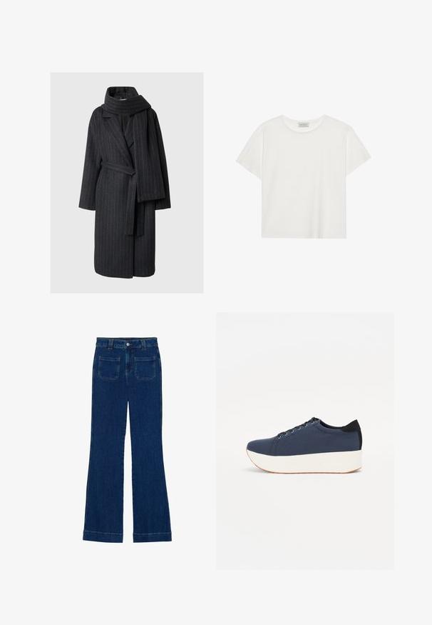 Tumehalli villasegu katte, millel on triibud, notšidega krae, pikad varrukad ja sobiv sall. Vöödiga talje, põlvepikkune disain.; Valge lühikeste varrukatega t-särk, mis on valmistatud pehmest puuvillast. Omab ümmargust kaelust ja mugavat lõiget. Puhtad jooned, ilma nähtavate mustrite või aktsentideta.; Tumedat sinised flared teksad, millel on sile tekstuur, viie tasku disain ja nupuga kinnitamine vööl.; Tumedat sinised tennised tekstureeritud riidest pealispinnaga, valge platvormi tallaga, ümarate varvaste ja musta kontsapaneeliga. Omab kuut silma paelte jaoks.