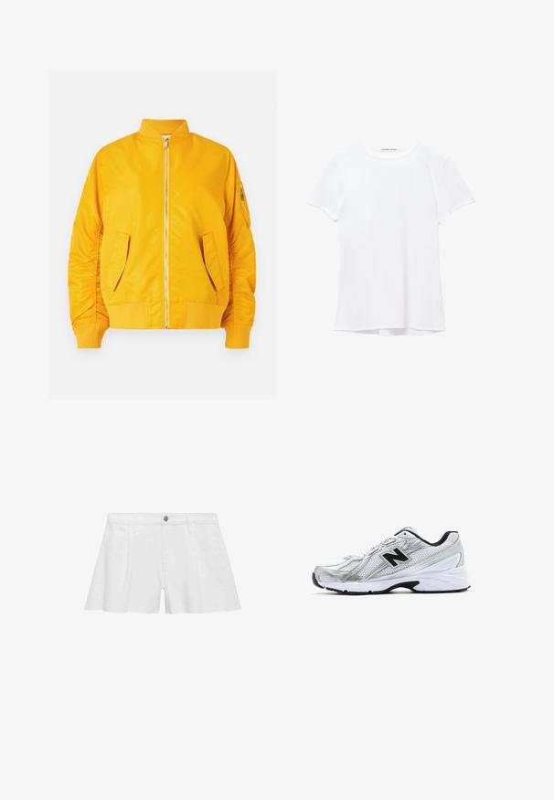 Gul bomberjakke med frontlynlås, ribbet krave og manchetter, to sidelommer og en lynlåslomme på ærmet. Glat, skinnende stof.; Hvid kortærmet t-shirt lavet af glat stof, med rund halsudskæring og diskrete syninger ved kanten.; Hvide bomuldsshorts med en afslappet pasform, der har forlommer, en knaplukning og flade sømme for en glat finish.; Sølv atletisk sko med mesh-materiale, sorte accenter, perforeret design og en polstret hvid sål. Har et fremtrædende 'N' logo.