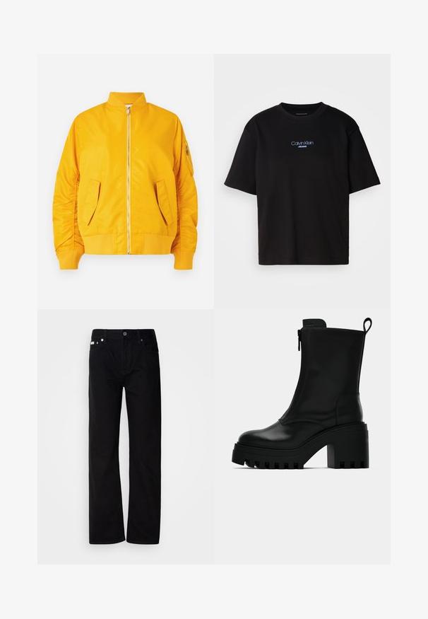 Yellow bomber jacket with a front zipper, ribbed collar and cuffs, two side pockets, and one zipped sleeve pocket. Smooth, shiny fabric.; Black cotton t-shirt with a round neck, short sleeves, and blue embroidered "Calvin Klein JEANS" logo on the front.; Black denim straight-leg pants with five pockets, silver rivets, and a button fly. The fabric has a smooth, slightly textured finish.; Black leather ankle boot with chunky lug sole, block heel, side zipper, and pull tab at the back on plain white background.