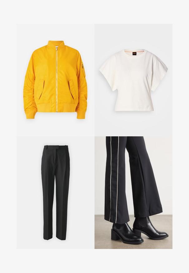 Veste bomber jaune avec une fermeture éclair à l'avant, col et poignets côtelés, deux poches latérales et une poche zippée sur la manche. Tissu lisse et brillant.; T-shirt blanc cintré, manches courtes et larges, en coton doux, décolleté rond avec une discrète bordure orange, design minimaliste, sans motifs ni graphiques.; Pantalons noirs ajustés en tissu léger, avec une coupe droite, un devant plat et des passants de ceinture. Texture lisse sans motifs visibles.; Bottines en cuir Noir avec un talon bloc, dotées de panneaux élastiques sur les côtés. Associées à un pantalon noir avec une rayure blanche sur le côté.