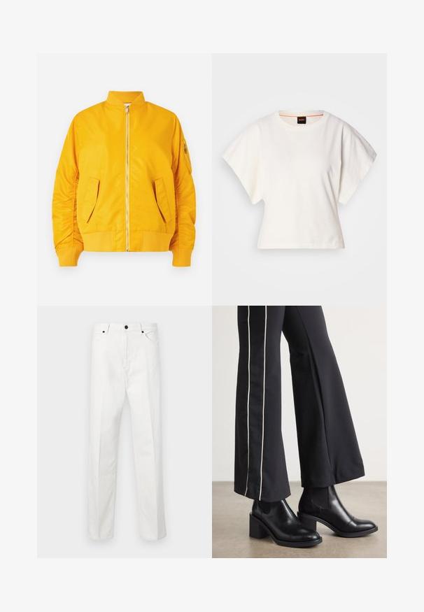 Gul bomberjakke med frontlynlås, ribbet krave og manchetter, to sidelommer og en lynlåslomme på ærmet. Glat, skinnende stof.; Hvid cropped T-shirt, korte brede ærmer, blødt bomuldsstof, rund halsudskæring med diskret orange kant, minimalistisk design uden mønstre eller grafik.; Hvide denimbukser med lige pasform, knaplukning og to forlommer. Ingen synlige mønstre eller udsmykninger. Glat tekstur.; Sorte læder ankelstøvler med blokhæle, udstyret med elastiske sidepaneler. Kombineret med sorte bukser, der har en hvid side stripe.
