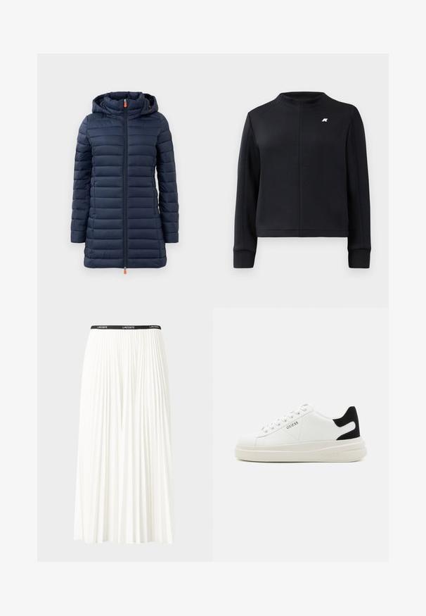 Mornarska pufasta jakna s kapuco, s horizontalno kvadratastimi sekcijami, z zadrgo po dolžini in oranžnim potegom za zadrgo. Gladka tekstura, lahka zasnova.; Črna majica s kapuco, dolgimi rokavi in prilegnjenim oblikovanjem. Ima majhno logo na prsih in teksturirano blago.; Gubasta bela krila z črnim elastičnim pasom, ki nosi logotip "LACOSTE". Srednje dolga zasnova z mehkobo tkanine.; Bele usnjene športne copate z debelim belim podplatom, črnimi semišnimi detajli na peti in utisnjenim logotipom na strani. Zavezovanje s šestimi luknjicami.
