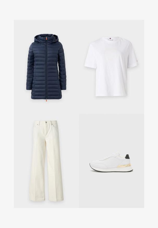 Mornarska puffer jakna s kapuljačom, koja ima horizontalne kvadrate, patentni zatvarač punog dužine i narančasti povlačak zatvarača. Glatka tekstura, lagani dizajn.; Bijela pamučna majica s okruglim izrezom, kratkim rukavima i suptilnim žutim logotipom koji glasi "HILFIGER NEW YORK 1985." Standardni kroj.; Široke bijele traperice izrađene od mješavine pamuka. Imaju zatvarač, dizajn s pet džepova i šavove uz rubove.; Bijele tenisice s glatkom obradom, koje imaju crni akcent na peti i zlatni metalni detalj na srednjem dijelu. Dizajn sa vezicama, gumeni potplat.