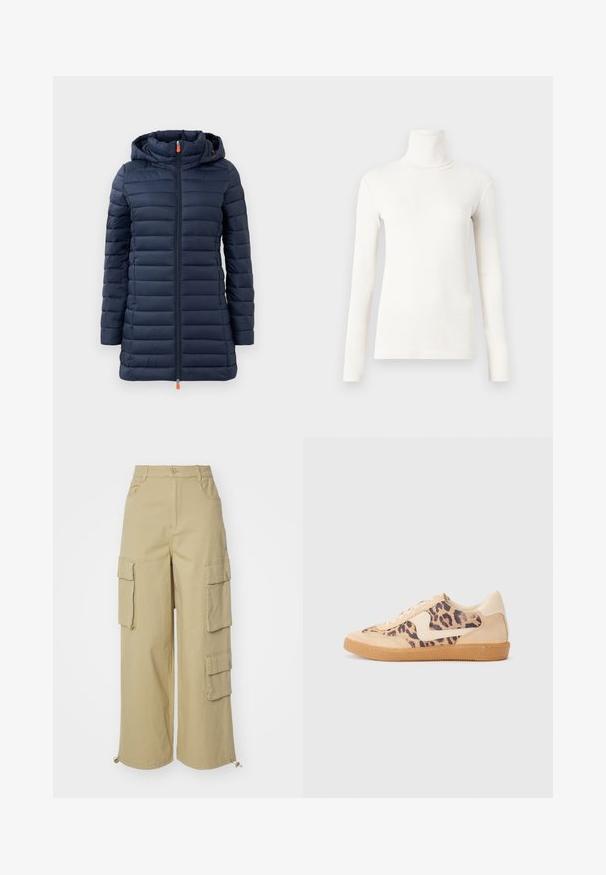 Navy puffer jacket with a hood, featuring horizontal quilted sections, full-length zipper, and orange zipper pull. Smooth texture, lightweight design.; Long-sleeve turtleneck shirt in off-white, made of soft, stretchy fabric with a fitted design and ribbed texture.; Beige cargo pants featuring wide legs, two large side pockets, front pockets, and a drawstring detail at the hem. Cotton blend fabric.; Leopard print sneakers with beige suede upper, tan rubber sole, and white accents. Round toe and lace-up design with a textured finish.