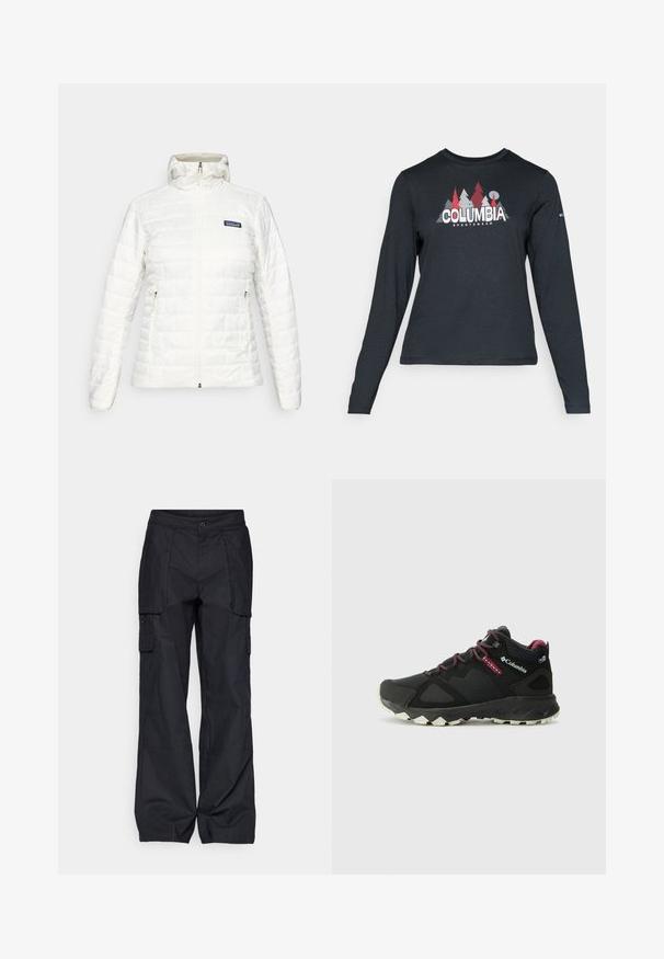 Λευκό καπιτονέ μπουφάν με κουκούλα, μπροστινό φερμουάρ, τσέπες στα πλάγια με φερμουάρ και μικρό λογότυπο Patagonia στο αριστερό στήθος.; Μακρυμάνικο σκούρο γκρι πουκάμισο με γραφικό κόκκινων δέντρων και βουνών; το λογότυπο "COLUMBIA" σε έντονο λευκό κείμενο. Μαλακό ύφασμα, τυπικός στρογγυλός λαιμός.; Columbia BREA FALLS™ COTTON RIPSTOP PANT - Παντελόνι εξωτερικού χώρου - black; Columbia PEAKFREAK HERA MID - Παπούτσια πεζοπορίας - black/deep madeira