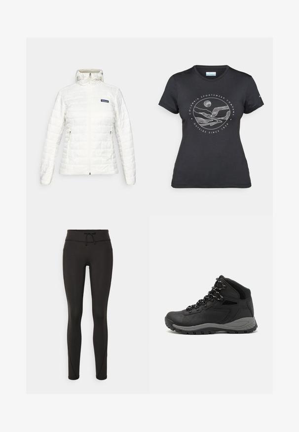 Hvit quiltet jakke med hette, frontlås, glidelås-lommer på sidene, og en liten Patagonia-logo på venstre bryst.; Svart Columbia t-skjorte med hvit sirkulær fjell- og elvlinjekunst og tekst "Columbia Sportswear Company Outside Since 1938."; Svarte leggings med høy midje, snøring, glatt tekstur og tettsittende design. Har søm detaljer langs sidene.; Sorte turstøvler med mid-topp design, som har en teksturert overdel, grå detaljer og slitesterk gummisåle med godt grep.