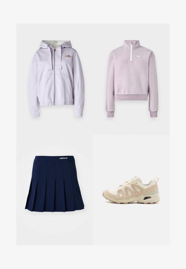 Lavendel zip-up hættetrøje med blødt inderfor, ribbede manchetter og kant. Har et broderet logo på brystet og to frontlommer.; Lavendel fleece pullover med halv-zip foran, høj krave, ribbet manchetter og kant, samt lille hvidt logo på brystet, lagt fladt på hvid baggrund.; Lyserød skjorte med knaplukning, struktureret mønster, lange ærmer, en brystlomme og et lille logomærke på lommen.; Marineblå plisseret nederdel lavet af letvægtsstof; har en elastisk talje og en lille lynlås-lomme, med et hvidt Adidas-logo på forsiden.; Beige og creme atletiksko med struktureret mesh-overdel, støttende overlays og gummiyderside med et mønster for trækkraft.