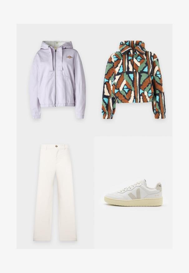 Lavendel zip-up hættetrøje med blødt inderfor, ribbede manchetter og kant. Har et broderet logo på brystet og to frontlommer.; Tøjsjakke med lynlås i blødt, lodent materiale med geometrisk mønster i nuancer af brun, grøn, blå og creme. Jakken har krave og elastiske ærmekanter.; Mørkegrå bomulds t-shirt, oversized pasform, korte ærmer, rund halsudskæring, prydet med en solgrafik og teksten "BILLABONG" i gyldent broderi.; Beige bukser med vide ben lavet af tekstureret stof. Har frontknaplukning og bæltestropper. Enkel, ren design uden mønstre.; Hvide lærreds sneakers med beige ruskindsdetaljer, perforeret tåboks, flade snørebånd og en struktureret cremefarvet sål. Har diskret branding på hælen.