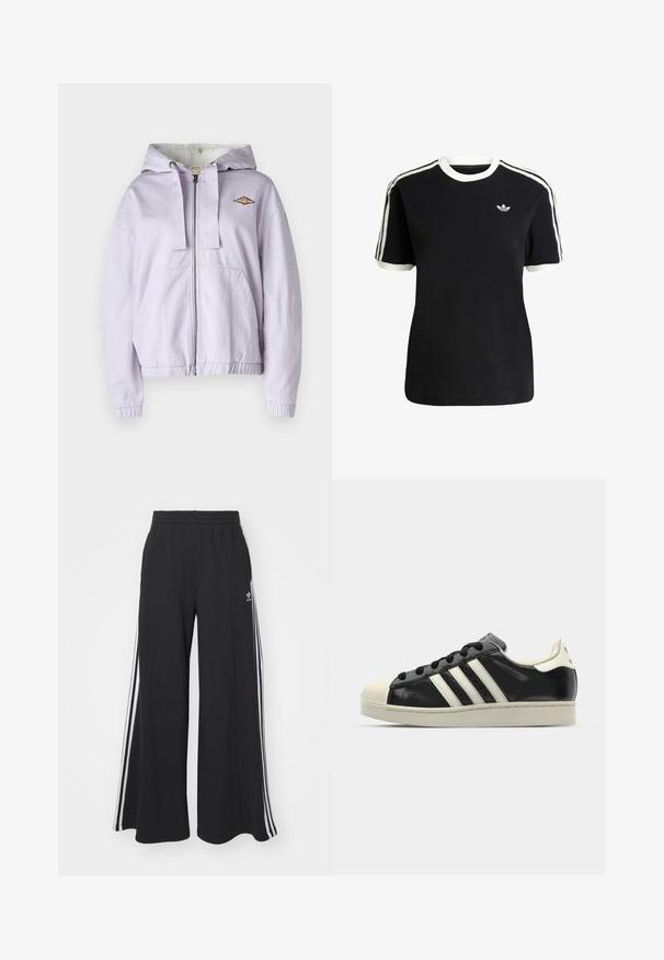 Felpa con zip color lavanda, con un morbido rivestimento interno, polsini e orlo a costine. Presenta un logo ricamato sul petto e due tasche frontali.; T-shirt nera in cotone con accenti bianchi sul collo e sulle maniche, caratterizzata da tre strisce bianche su ciascun spalla e un piccolo logo sul petto.; Pantaloni in felpa neri a gamba larga con vita elastica, dotati di strisce bianche sui lati e un logo ricamato sulla coscia sinistra.; Sneaker in pelle nera con strisce bianche, punta in gomma, lacci neri e suola di colore crema. Texture liscia con finitura brillante.