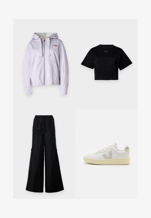 Lavendel zip-up hættetrøje med blødt inderfor, ribbede manchetter og kant. Har et broderet logo på brystet og to frontlommer.; Sort cropped t-shirt lavet af bomuld. Har korte ærmer og en rund halsudskæring. Indeholder en diskret logodetalje på brystet.; Sorte bredbenet cargo bukser lavet af et glat, let materiale. Har elastisk talje, snor og sidelommer.; Hvide lærreds sneakers med beige ruskindsdetaljer, perforeret tåboks, flade snørebånd og en struktureret cremefarvet sål. Har diskret branding på hælen.