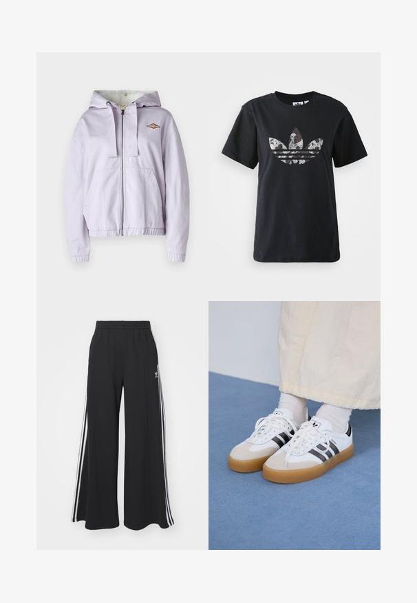 Lila zip-up kapuca s mekim unutarnjim podstavljanjem, rebrastim manžetama i donjim rubom. Ima izvezeni logo na grudima i dva prednja džepa.; Črna bombažna majica s kratkimi rokavi, ki na sprednji strani vsebuje velik srebrno-rjavi grafični motiv Adidasovega logotipa in treh črt.; Črne široke trenirke z elastičnim pasom, ki imajo bele stranske proge in vezeno logo na levi stegna.; Bele tene škornje s črnimi črtami in bež usnjenimi detajli. Imajo teksturirano gumijasto podplat in ravne bele vezalke, nosijo se z svetlimi nogavicami.
