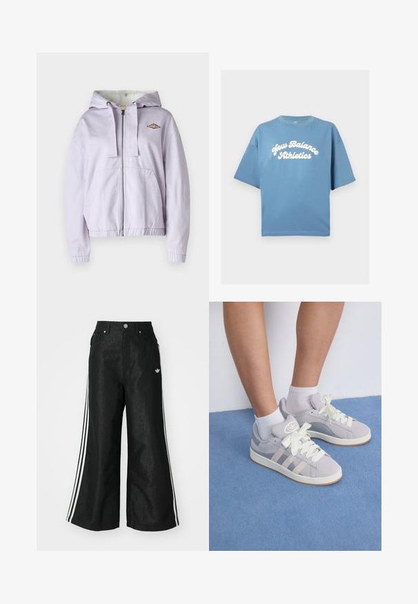 Levandų spalvos zip-up hoodie su švelniu vidiniu pamušalu, raukšlėmis ant rankovių ir apvado. Su siuvinėtu logotipu ant krūtinės ir dviem priekinėmis kišenėmis.; Mėlynas medvilninis marškinėliai su laisvu kirpimu, trumpomis rankovėmis ir apvalia iškirpte. Centrally atspausdintas baltas "New Balance Athletics" logotipas.; Juodos plačios džinsinės kelnės su trimis baltais juostelėmis kiekvienoje pusėje ir mažu baltu logotipu. Yra priekiniai kišenės ir sagčių užsegimas.; Pilki zomšiniai sportbačiai su baltais raišteliais ir guminiais padais, puikuojantys trimis įstrižainėmis juostelėmis šone ir logotipo etikete ant liežuvio.