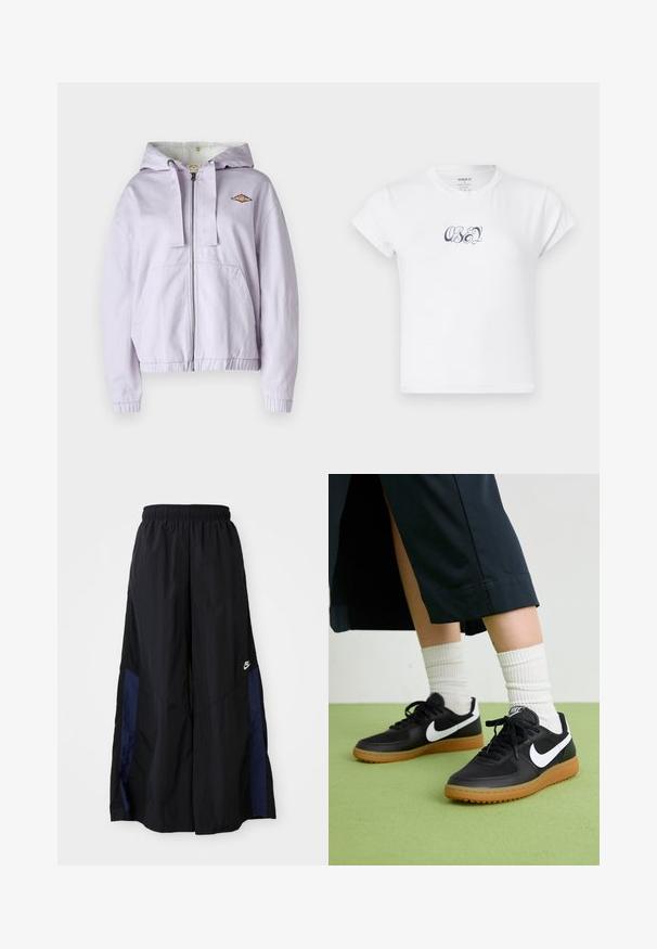 Lavendli tõmblukuga kapuutsiga särk pehme sisekattega, soonikkoes mansetid ja alläär. Rinnal on tikandiga logo ning kaks eesmist taskut.; Valge puuvillane t-särk lühikeste varrukatega ja ümmarguse kaelusega, mille esiküljel on tumesinine "OBEY" graafiline tekst. Sile tekstuur.; Mustad laiad mustad püksid kergest kangast, millel on tumesinine külgpaneel ja elastne vöökoht. Väike valge logo allservas.; Mustad nahast ja sünteetilised sneekerid valge Nike logoga, kummist gumme, ümar nina ja mustad paelad. Näha ribakujulisi valgeid sokke.