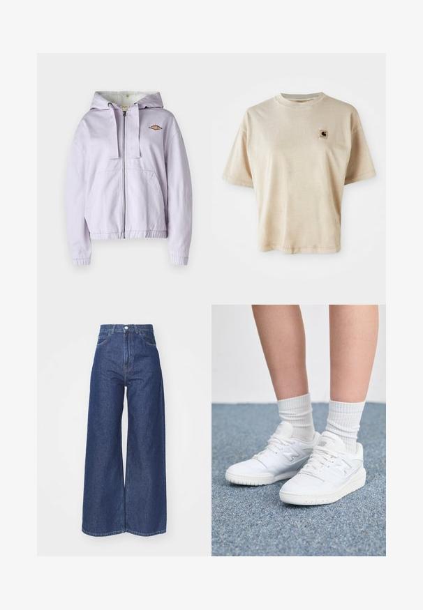 Lavendel zip-up hoodie med mjukt innertyg, ribbade ärmar och nederkant. Har en broderad logotyp på bröstet och två framfickor.; Beige bomulls t-shirt med avspänt snitt, rund hals, korta ärmar och en liten fyrkantig logotypapplikation på vänster bröst.; Breda ben-jeans i mörkblå denim. Hög midja med dragkedja och knappstängning. Har klassisk femfickdesign och kantade kanter.; Vita atletiska sneakers med en slät läderöverkant, strukturerade detaljer och gummisula. Matchas med ribbade vita strumpor.